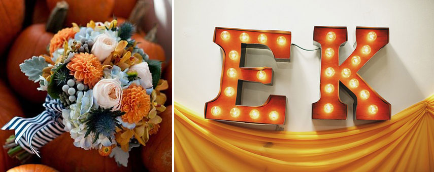 Fall Bouquet Orange Dahlia, White Rose, Dusty Miller Navy and White Ribbon DIY Carnival Marquee Letters Ruffled Blog