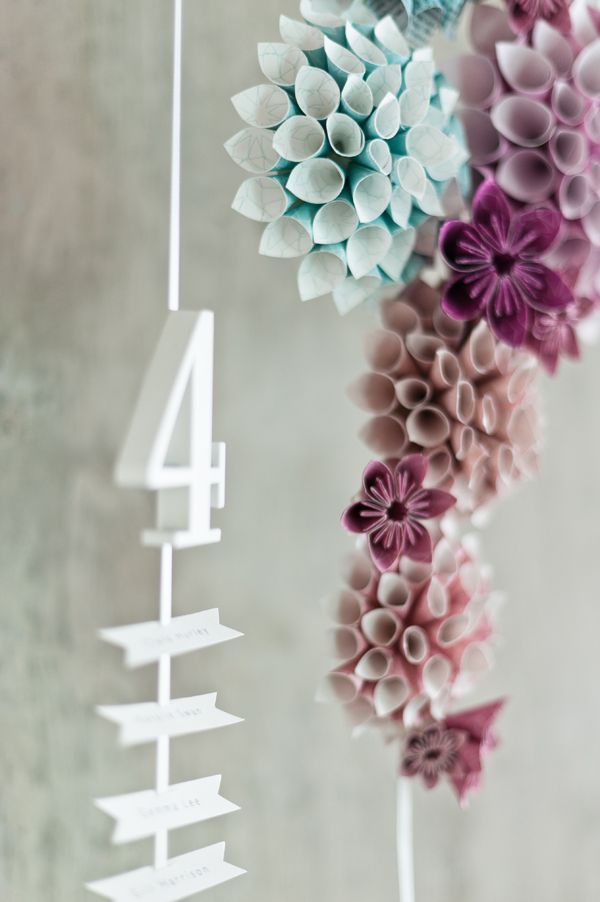 Suspended and hanging seating chart with paper cone flowers by eagle eyed bride Anushé Low Photography 1