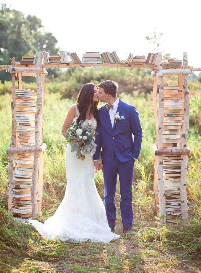 Birchwood Book Filled Ceremony Backdrop White Photographie Styling by She Walks In Beauty via Green Wedding Shoes 1